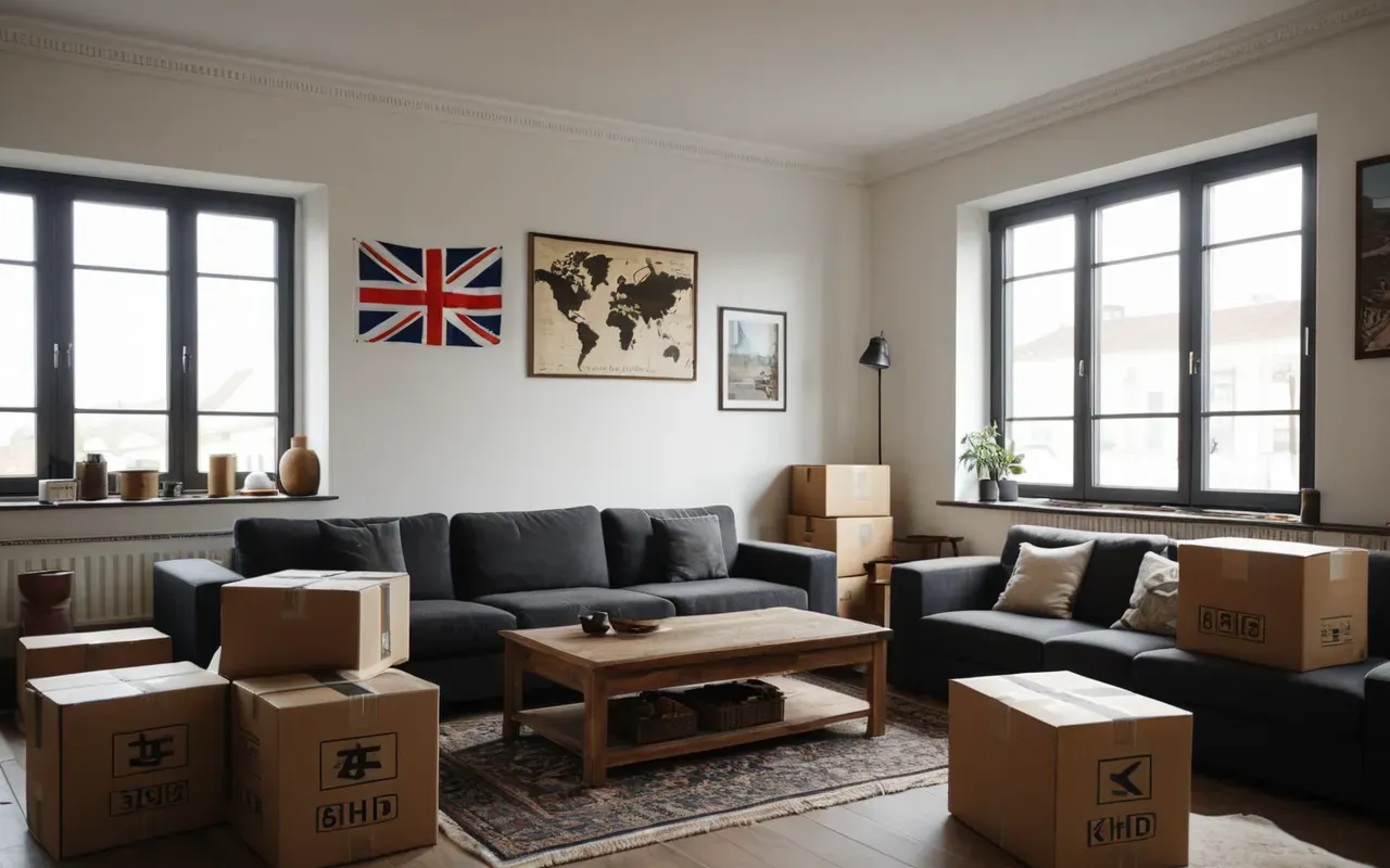 Wide shot of a modern living room interior with neatly packed cardboard boxes, soft natural light from large windows, minimal furniture, clean aesthetic, no text visible