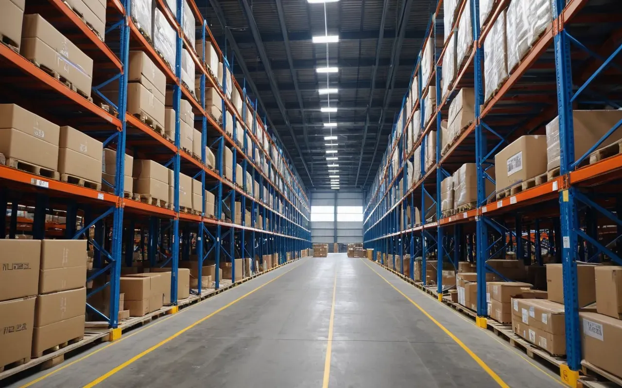nakliyat logistiği Wide shot of a modern logistics warehouse interior with neatly stacked cardboard boxes on metal pallets, bright overhead LED lighting, clean concrete floors, and a worker in a high-visibility vest checking a clipboard, professional editorial photography