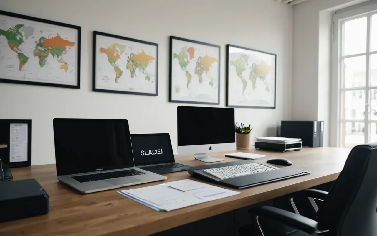Wide shot of a modern minimalist office interior with a clean desk, a laptop, and a stack of neatly organized documents, soft daylight, professional atmosphere, no text visible