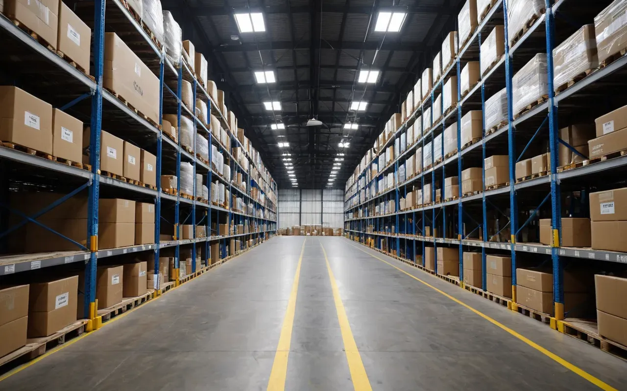 Wide shot of a modern warehouse interior with neatly stacked cardboard boxes labeled with shipping labels, bright fluorescent lighting, concrete floor, professional logistics environment