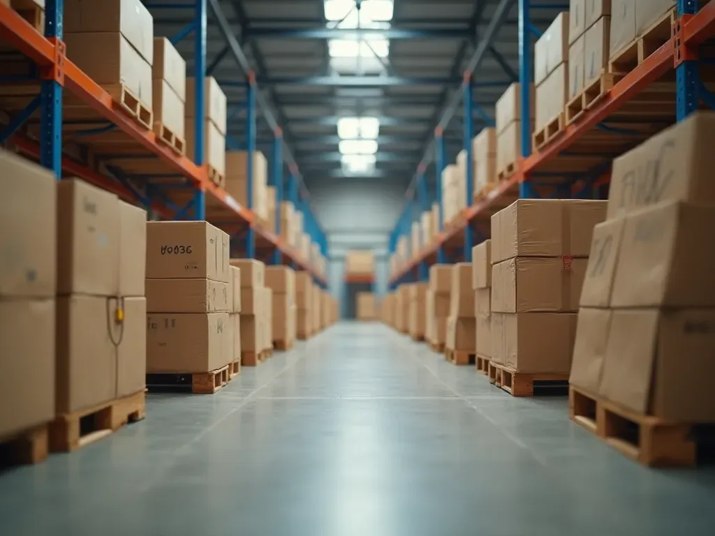 lojistik depo yönetimi A busy modern logistics warehouse interior with organized rows of neatly stacked cardboard boxes and wooden crates on pallets. Bright overhead lighting illuminates the clean concrete floor. Workers in high-visibility vests are using handheld scanners to process shipments efficiently. The scene conveys professional order, efficiency, and global trade movement without any specific national branding or text.