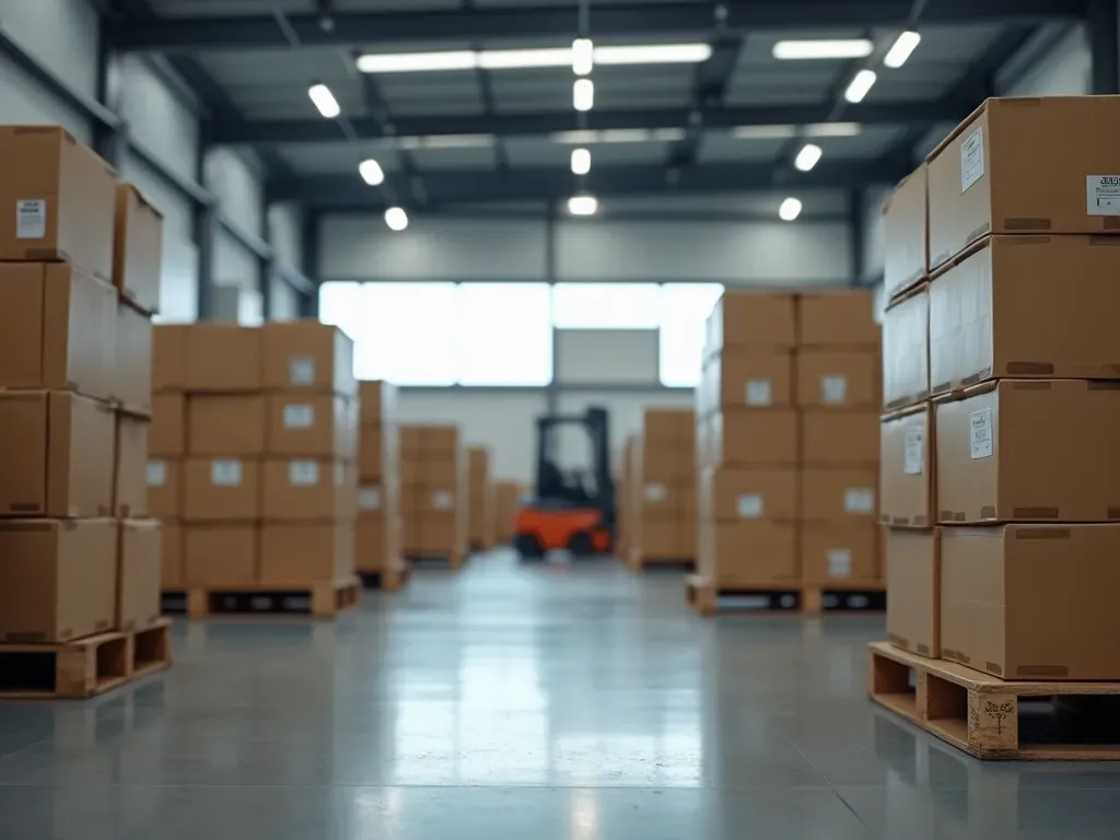 lojistik depo görüntüsü A busy modern logistics warehouse interior with stacked cardboard boxes on pallets, forklifts in background, industrial lighting, neutral colors like grey and white, no text or logos visible.
