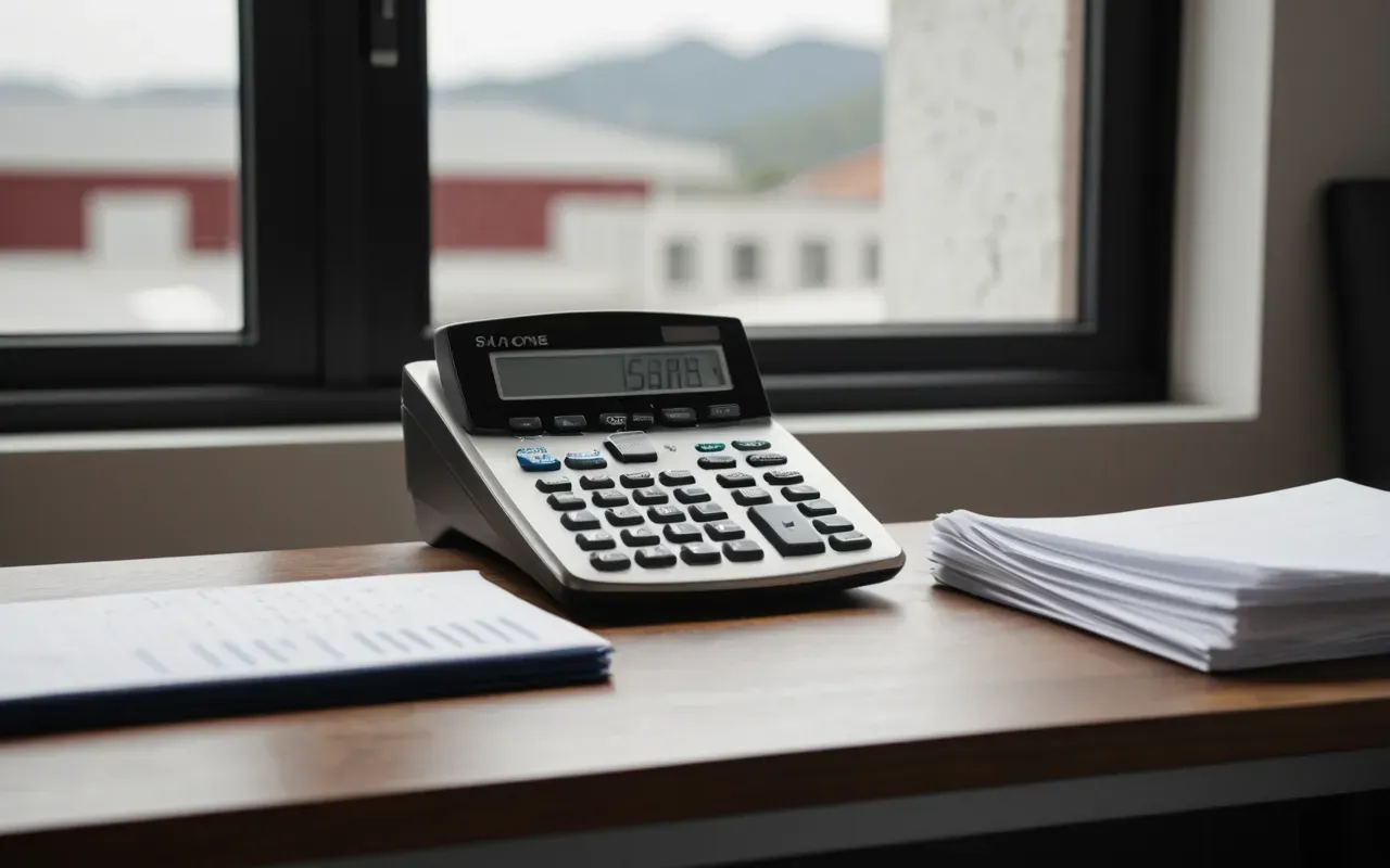 maliyet analizi A clean editorial still life of a modern desk with a calculator and shipping documents arranged neatly under soft window light.