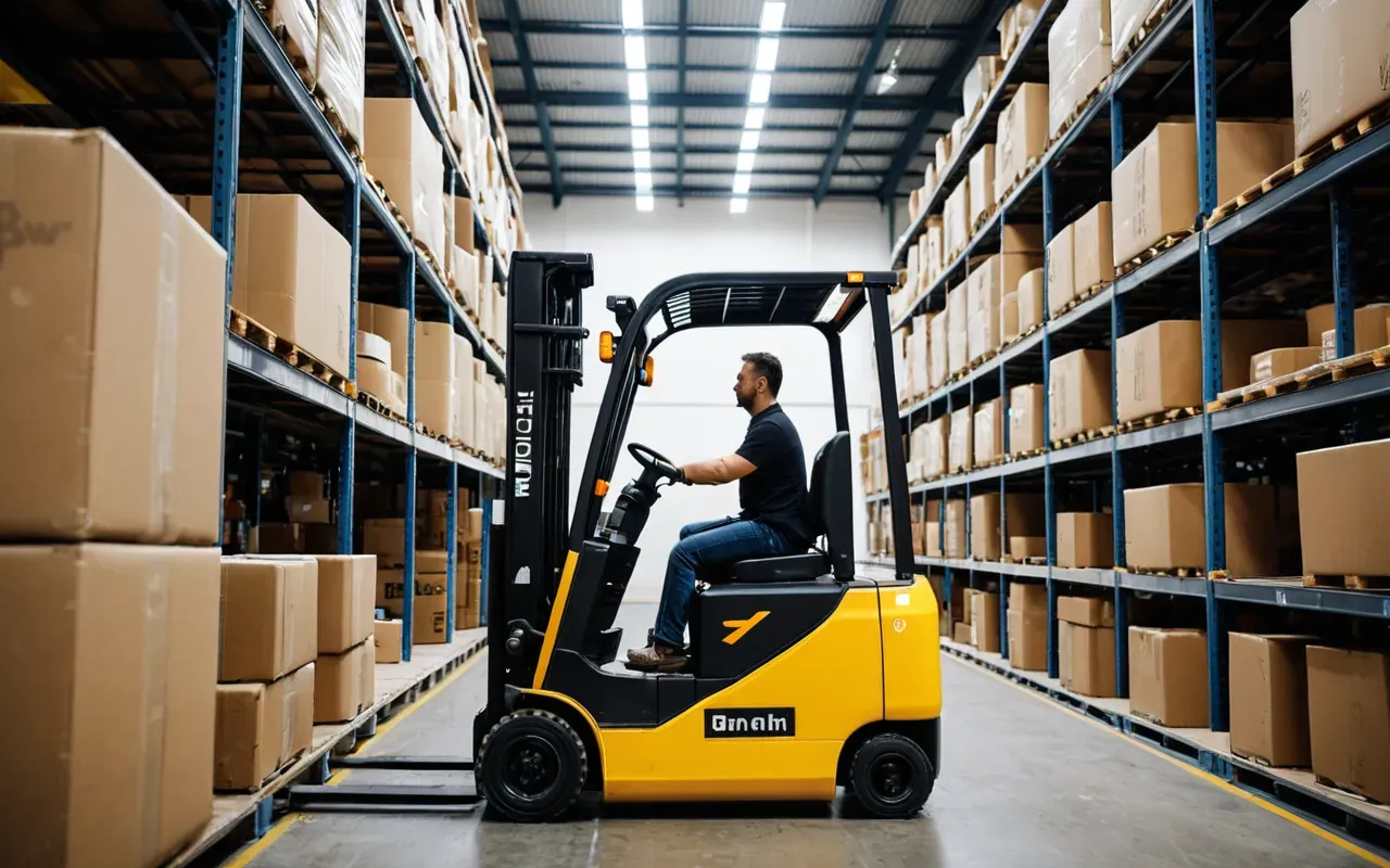 Paketleme Teknikleri A close-up of a modern electric forklift moving neatly packed cardboard boxes in a well-lit warehouse. The environment is clean and organized with soft natural lighting highlighting safety protocols.