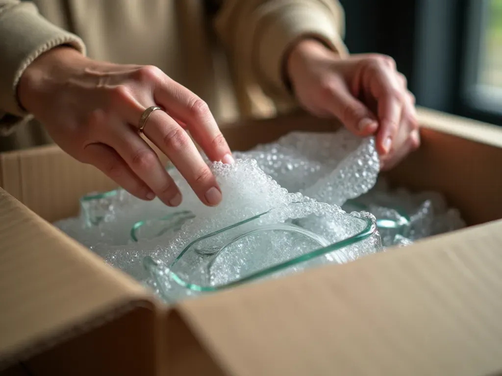 eşya paketleme güvenliği A close-up shot of a person carefully packing fragile glass items in bubble wrap inside a sturdy cardboard box. The lighting is soft and natural, emphasizing the protective nature of the packaging materials. Hands are visible securing tape on the box. No text or logos are present.