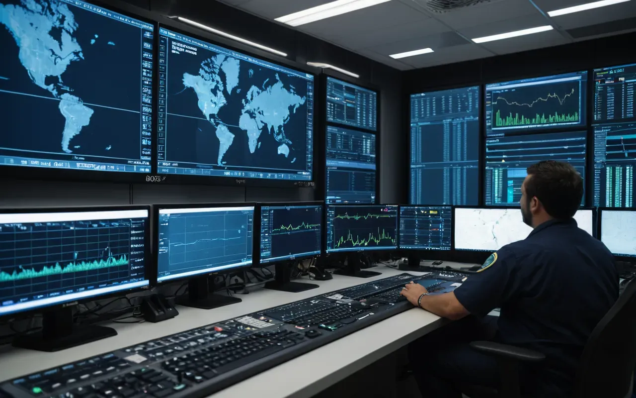 lojistik kontrol merkezi A close up view of a logistics control room where technicians monitor large screens showing real time tracking maps and data streams. The lighting is cool blue and the atmosphere is focused.
