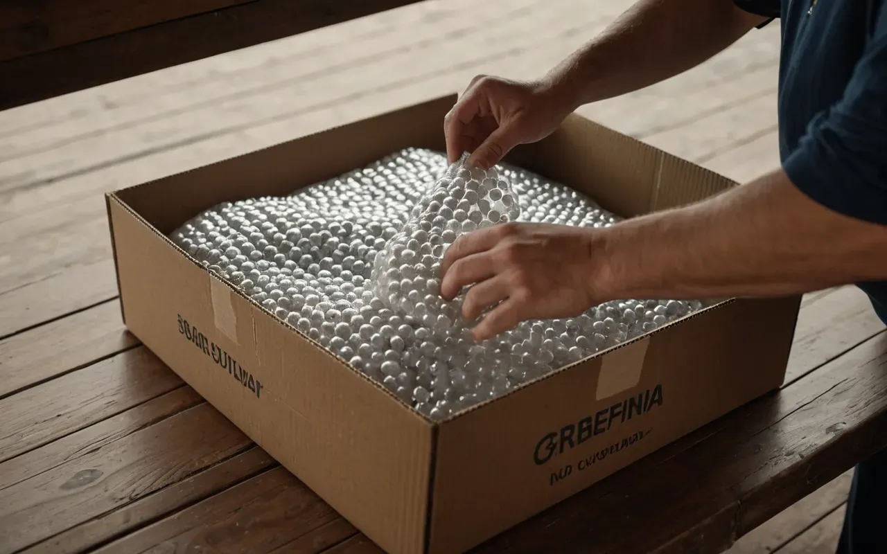 özenli paketleme tekniği A close-up view of a person's hands carefully packing delicate glass items into bubble wrap inside a cardboard box on a wooden table. The lighting is soft and natural, highlighting the texture of the protective material and the care taken in preparation for international moving.