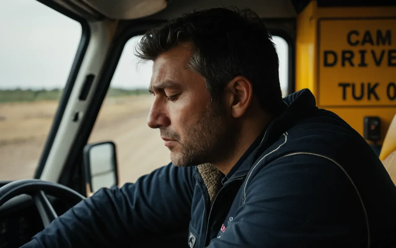 TIR şoförü yorgunluğu A close up view of a tired drivers face resting against the steering wheel inside a large truck cab. The lighting is dim and yellowish, highlighting the exhaustion on his skin and the worn out condition of the dashboard instruments.