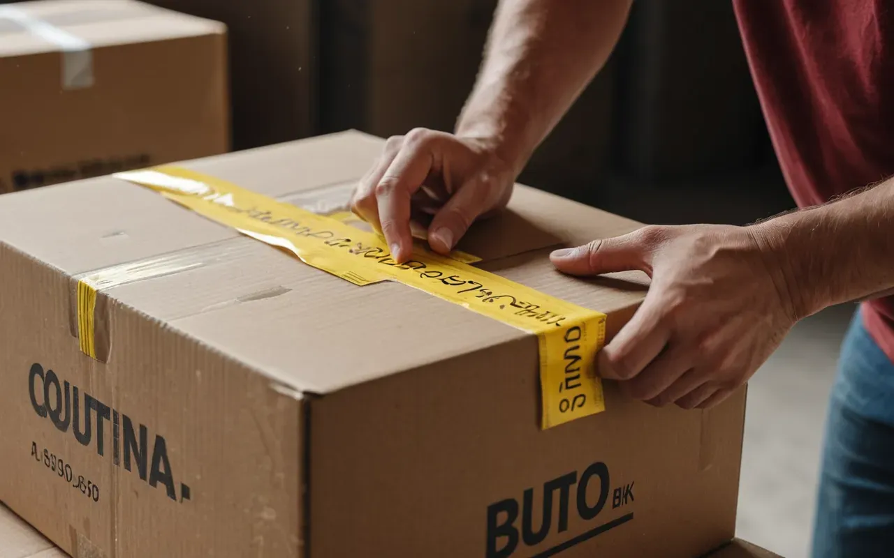 nakliyat firmaları A close-up view of hands using a strong yellow packing tape to seal a brown cardboard box. The background is slightly blurred showing a stack of similar boxes in a warehouse setting with natural light coming from large windows, highlighting the texture of the tape and cardboard.