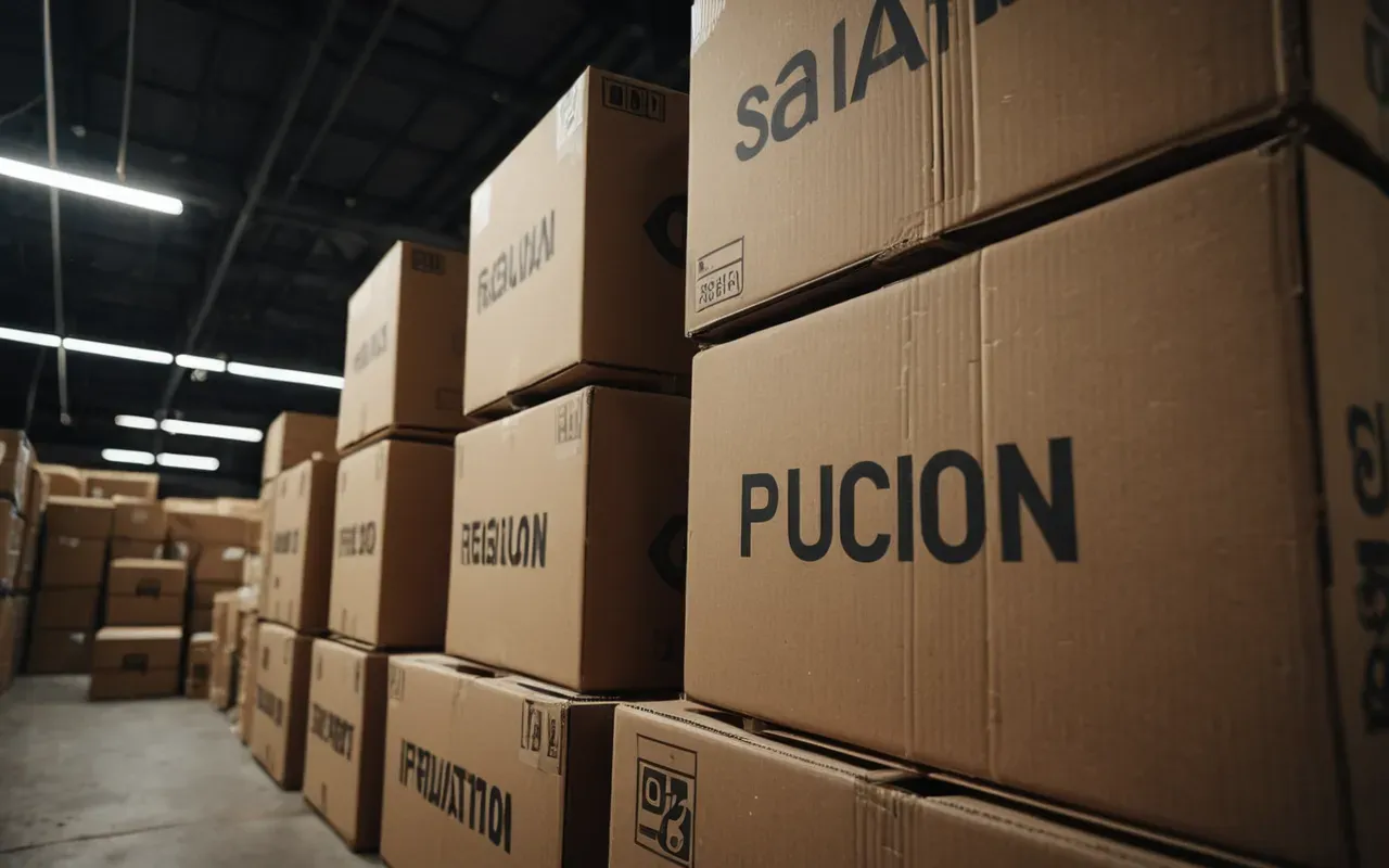 eşya paketleme teknikleri A close-up view of neatly stacked cardboard boxes in a warehouse. The lighting is warm and natural with shadows cast by overhead industrial lights. No text or labels are visible on the packaging materials.