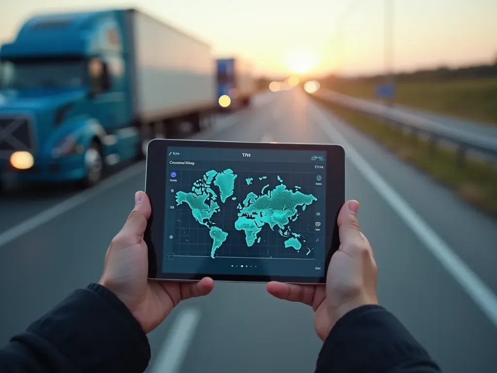 eşya takip sistemi arayüzü A digital tablet showing a tracking map interface held by hands in front of a blurred background of moving trucks on a highway.