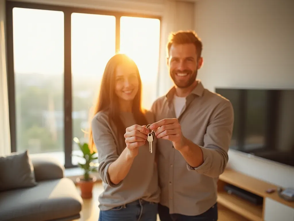 başarılı taşınma deneyimi A happy couple standing in a bright modern living room holding keys. Sunlight streams through large windows illuminating clean furniture.