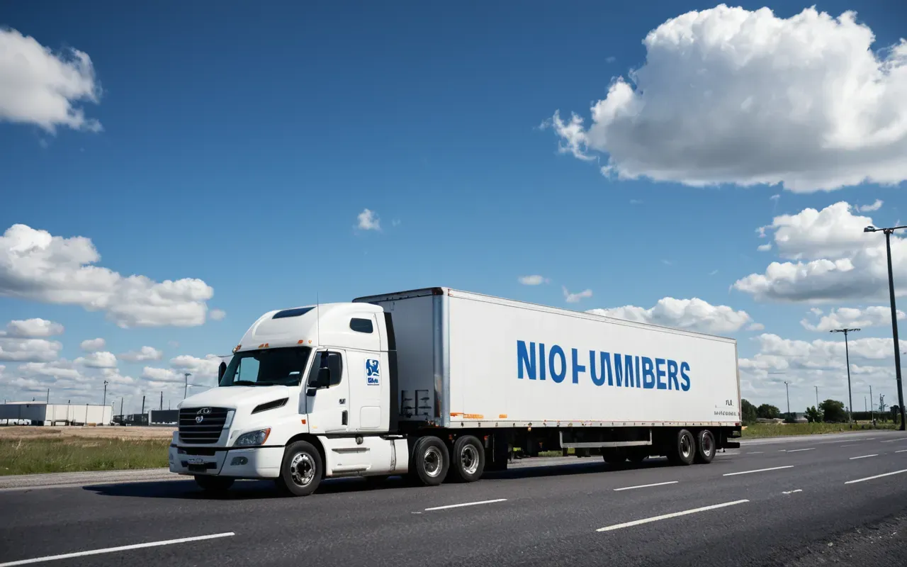 OMSAN Lojistik kamyon A large modern cargo truck parked on a clean asphalt road near an industrial area. The sky is bright blue with soft white clouds and the lighting suggests early morning. The scene shows professional logistics equipment without any visible text or signage.