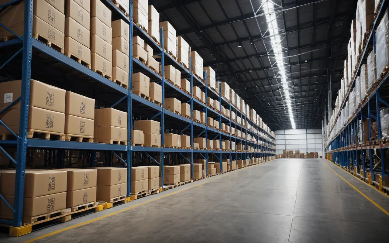 lojistik depo düzeni A large modern logistics warehouse interior with rows of neatly stacked cardboard boxes on metal pallets. Workers in high-visibility vests are moving crates using forklifts under bright fluorescent lighting. The scene is clean, organized, and industrial, emphasizing efficient international shipping operations without any specific national flags or text.