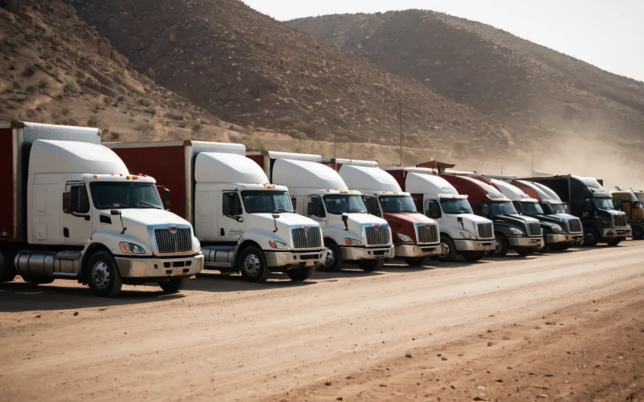 TIR şoförleri A long line of modern semi-trucks waiting in a dusty border crossing area under bright daylight with drivers standing outside their cabs looking tired.