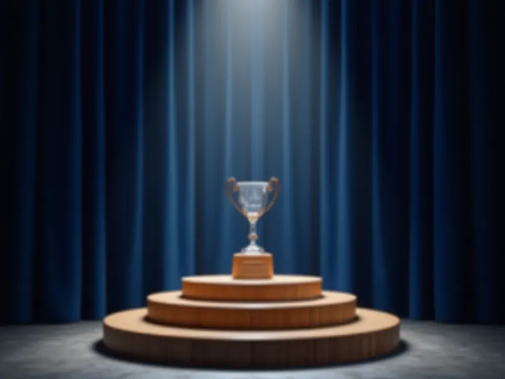 ödül töreni sahnesi A modern award ceremony stage with a single spotlight shining on a wooden podium where a crystal trophy sits. The background is dark blue velvet curtains and soft ambient lighting from the side creates a professional corporate atmosphere.