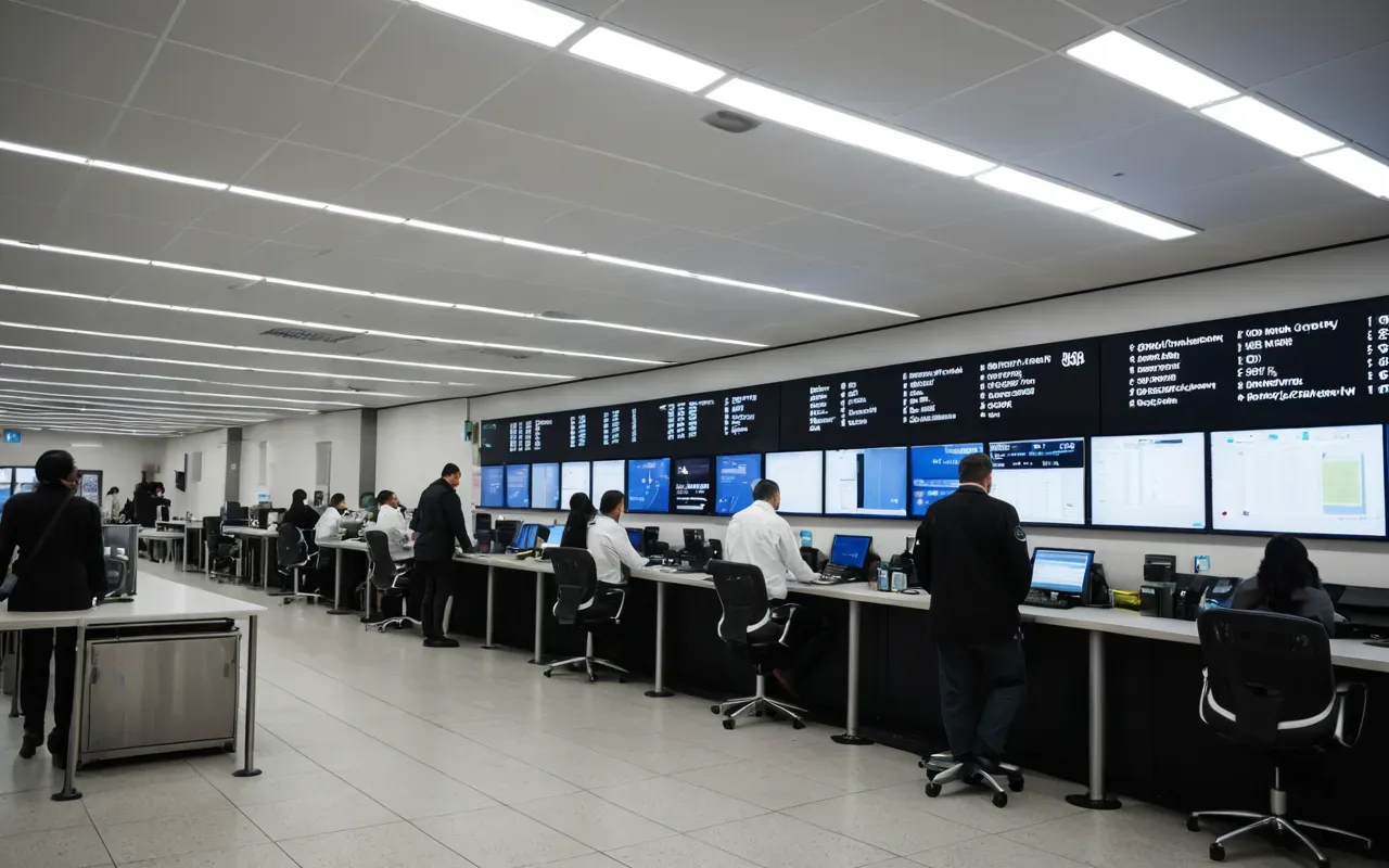 sınır kontrolü alanı A modern border control area with digital screens and staff members working at a desk under bright fluorescent lights.