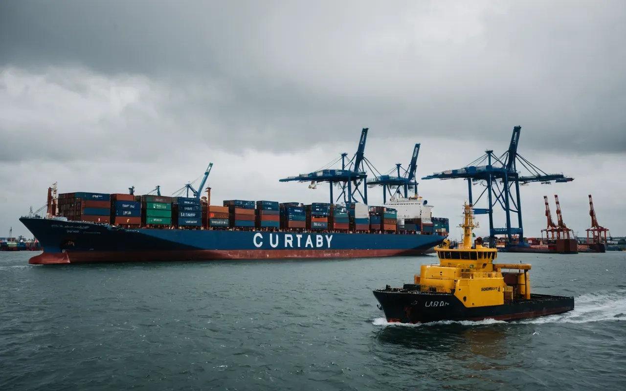 deniz nakliyatı riskleri A modern cargo ship at port with container stacks and cranes in the background, overcast sky creating a dramatic atmosphere