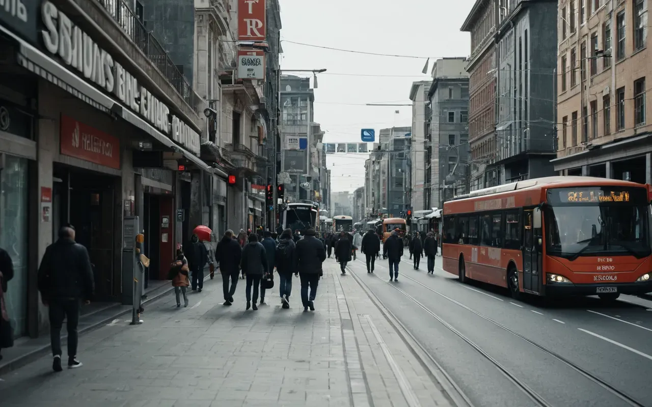 Almanya şehir ulaşımı görsel A modern city street with people walking and a bus in the background showing daily urban life without any visible text or signs.