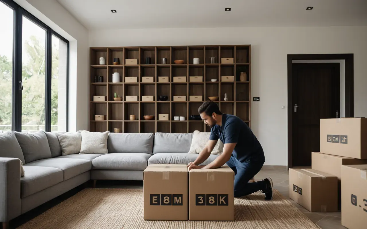 taşınma hazırlık süreci A modern living room with minimal furniture and a person organizing boxes for moving in natural daylight.