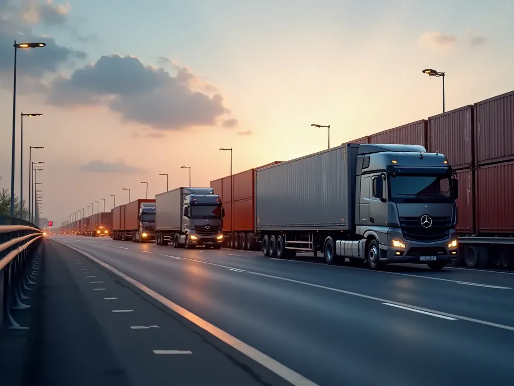 lojistik merkezi görüntüsü A modern logistics center at dusk with large cargo trucks lined up on the highway, showing organized shipping containers and a clear sky.