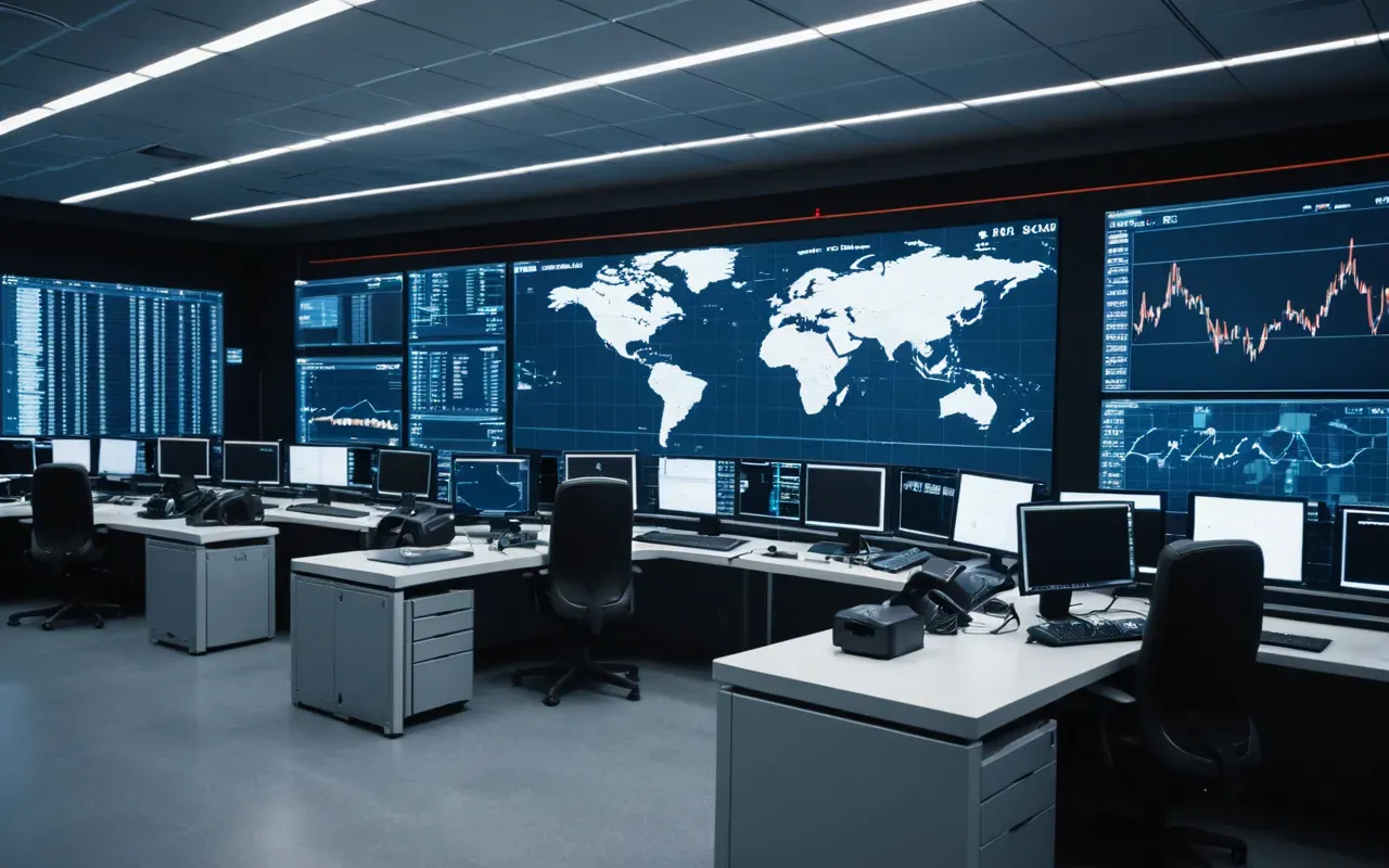 lojistik analitiği A modern logistics control room with large screens displaying global shipping routes and data analytics in a cool blue tone.