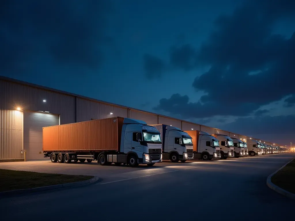 Almanya eşya taşımacılığı A modern logistics distribution center at night with large trucks parked in a row and warehouse lights glowing. No text visible on vehicles or buildings.