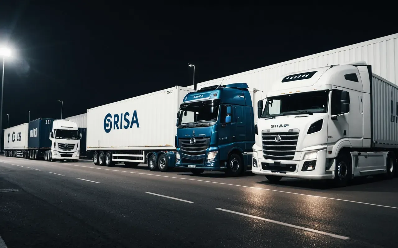 modern lojistik deposu A modern logistics hub with white semi-trucks parked in a neat row under bright artificial lighting at night. The trucks are loaded with large industrial containers and the scene is clean and organized.