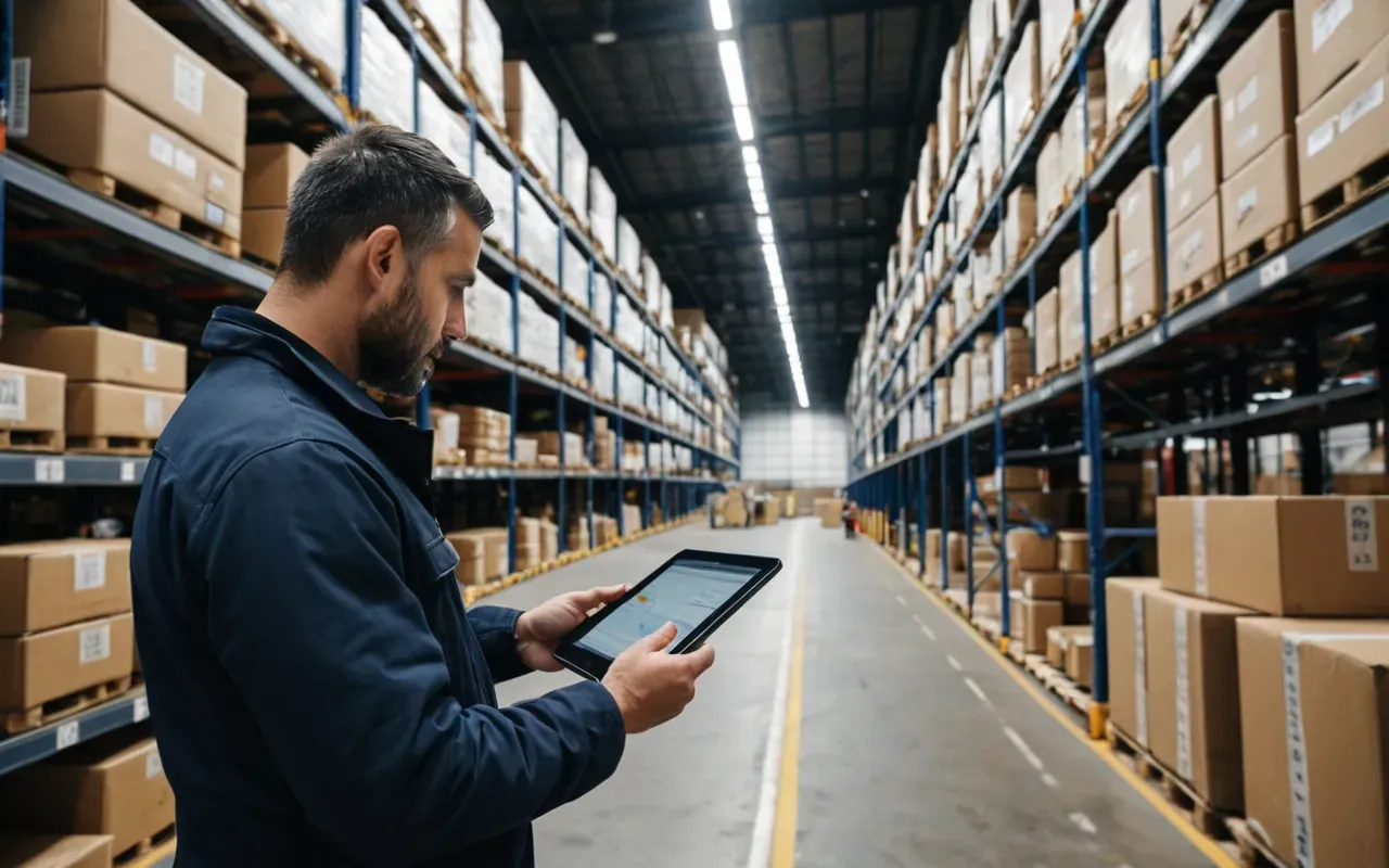 nakliyat operasyonları A modern logistics warehouse with neatly stacked boxes and a worker checking inventory on a tablet device, bright industrial lighting