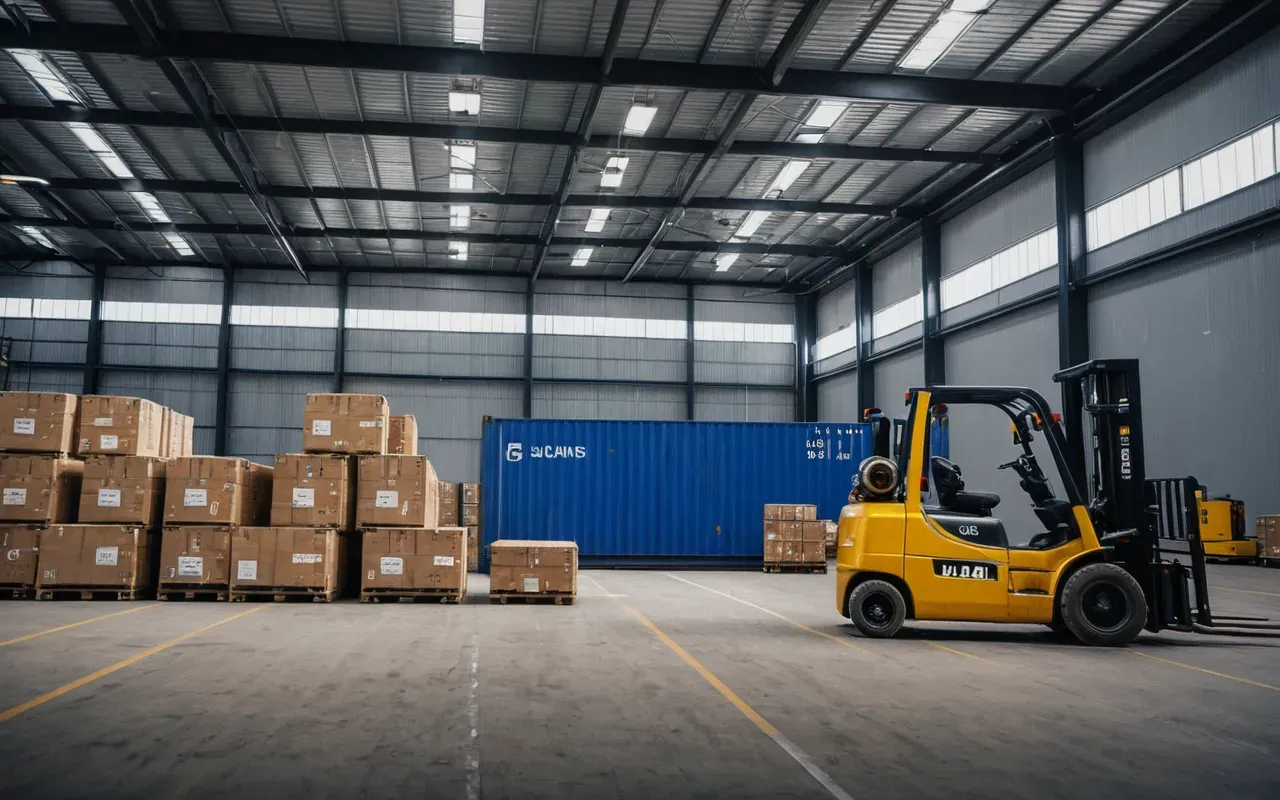 lojistik depolama alanı A modern logistics warehouse with organized shipping containers and forklifts in the background under bright artificial lighting.