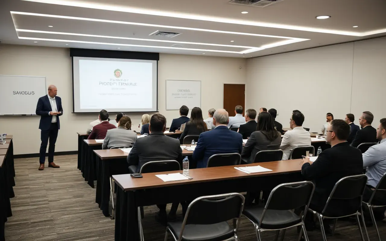 gümrük eğitimi A modern professional training seminar in a well-lit conference room with attentive participants taking notes at tables while an expert speaks at the front podium.