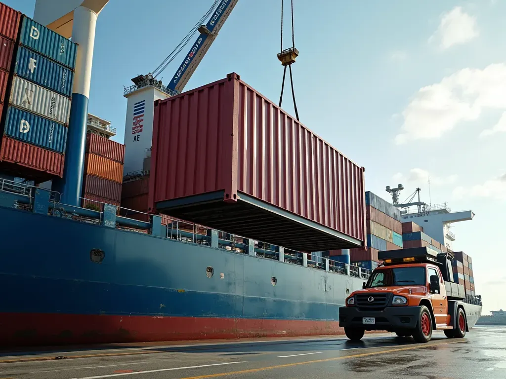 konteyner yükleme süreci A modern shipping container being carefully loaded onto a cargo vessel at a neutral international port, featuring clean metallic surfaces, bright daylight, and organized logistics equipment arranged in a structured layout