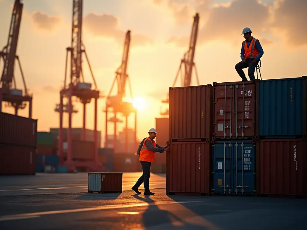 konteyner terminali A modern shipping container terminal at dawn with cranes silhouetted against a soft orange sky, workers in high-visibility vests organizing stacked metal containers, clean concrete ground, no text or signs visible, realistic photography style