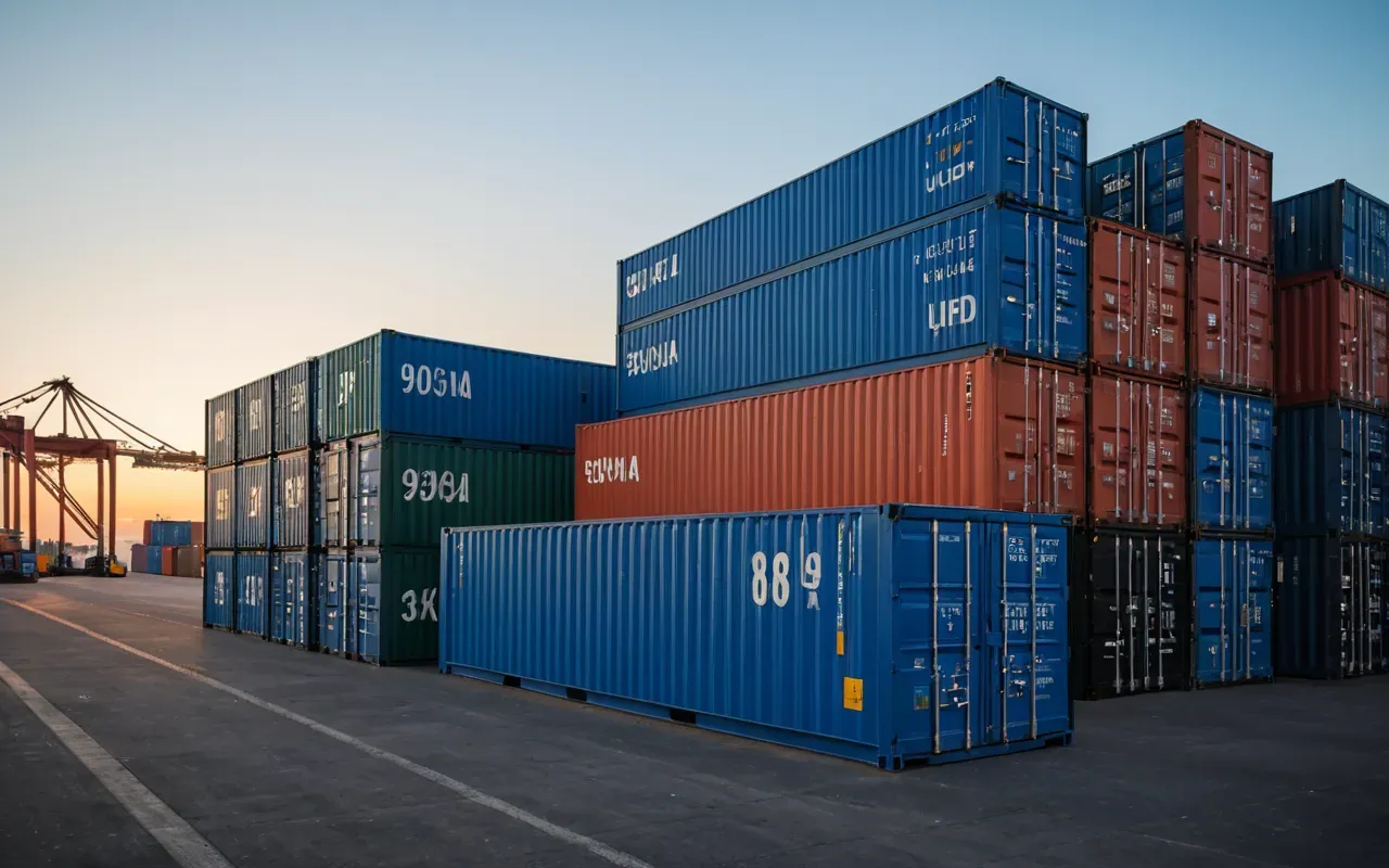 lojistik operasyonu A modern shipping container terminal at dawn with neatly stacked colorful containers and cranes operating in the background under clear blue skies.