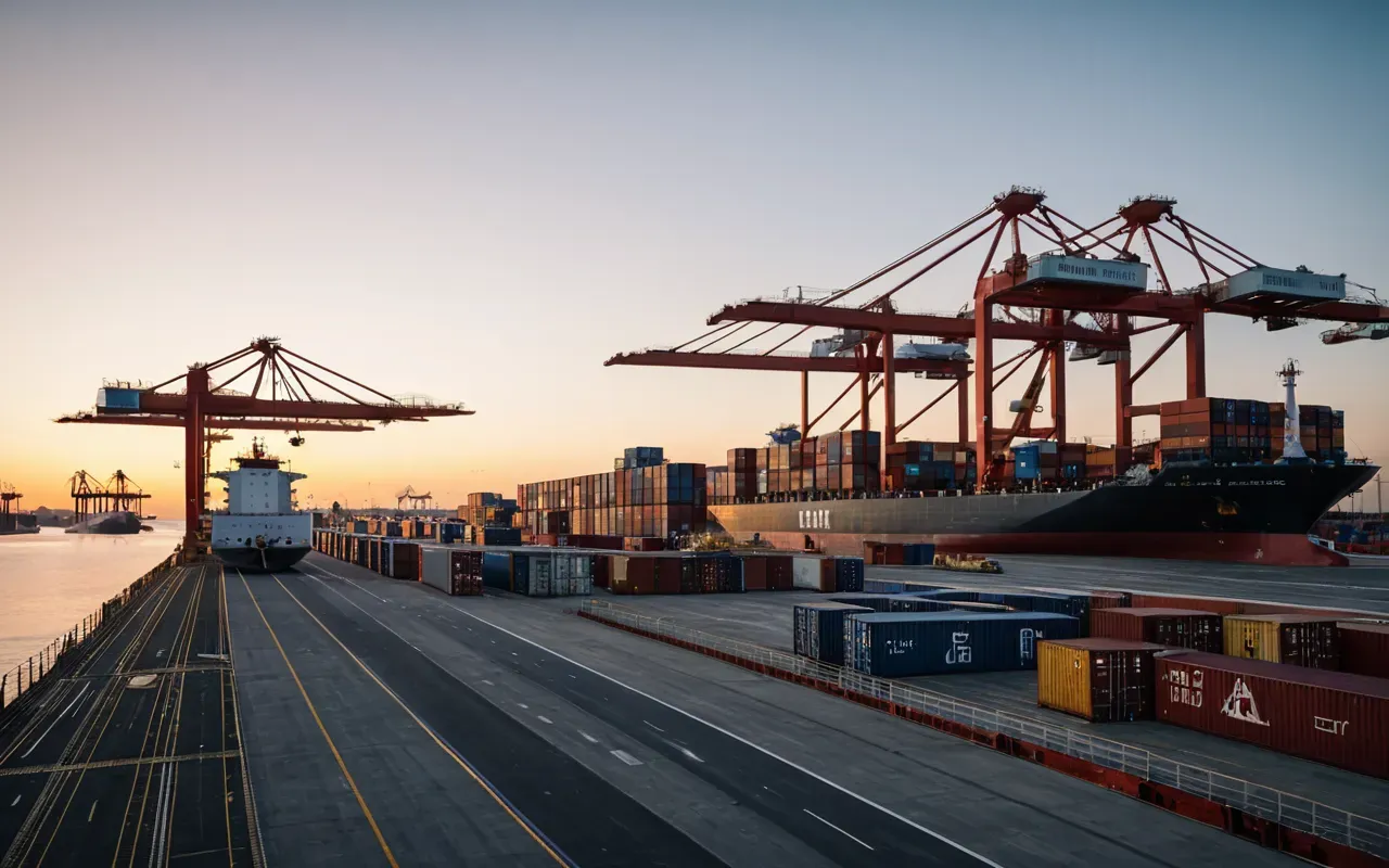 Konteyner Lojistiği A modern shipping container terminal at sunset with cranes lifting containers onto a large cargo ship. The scene is professional and clean, showing efficient logistics operations without any visible text or signs.