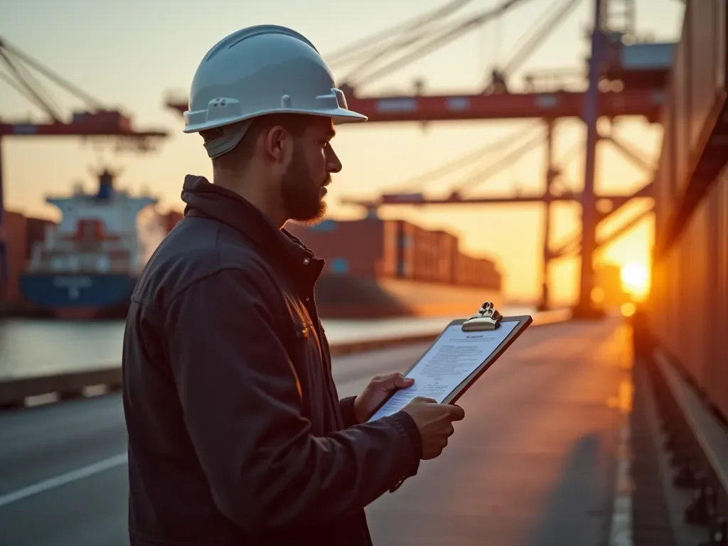 uluslararası nakliyat firmaları A modern truck driver checking a clipboard in front of a large container ship at a port during sunset. The scene is calm and professional with no visible text or logos.