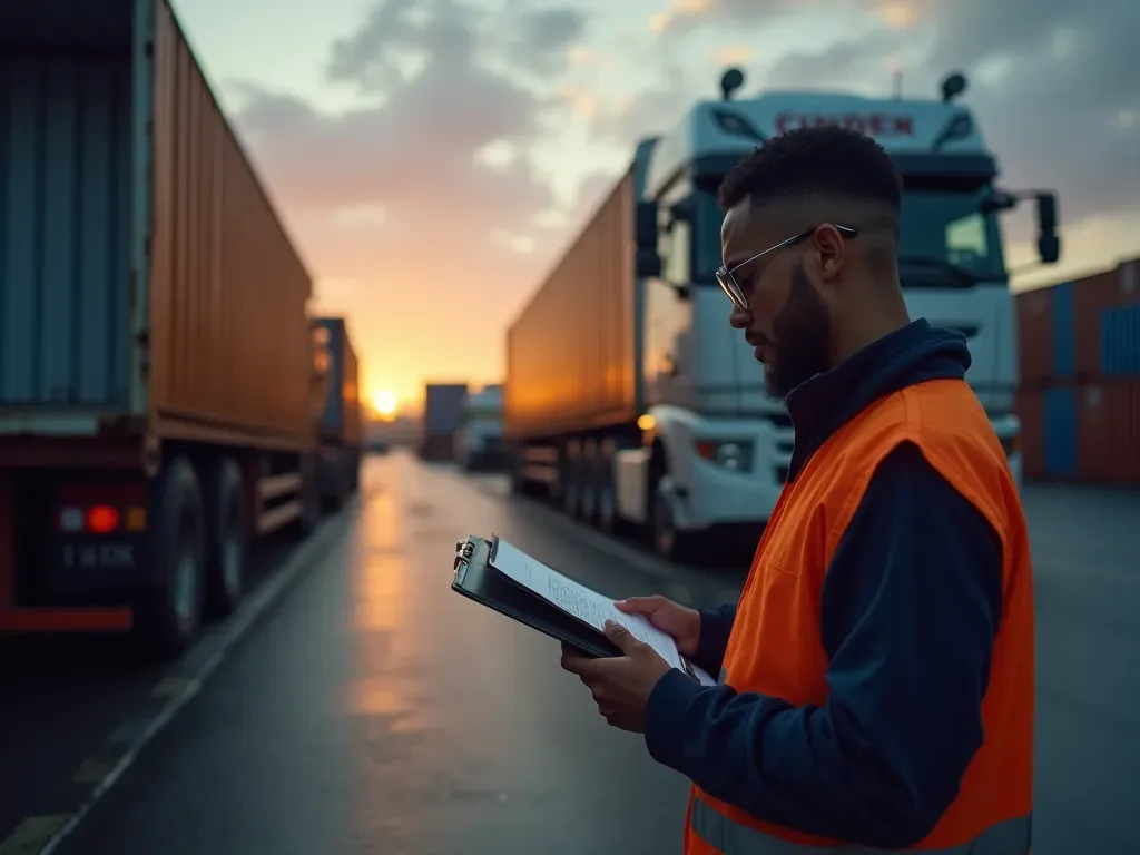 yük kontrolü ve belge işlemleri A modern truck driver checking documents on a clipboard while standing next to an open cargo container in a neutral industrial port setting during dusk.