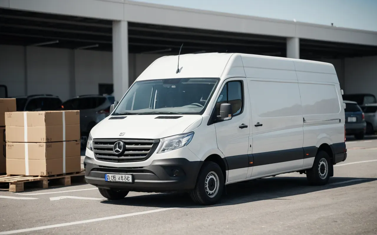 A modern white cargo van parked on a clean paved lot near a border checkpoint, with stacked cardboard boxes and wooden crates neatly arranged on pallets. Bright daylight, clear sky, professional logistics setting. No text, no flags, no signs, no people. High resolution, realistic composition.