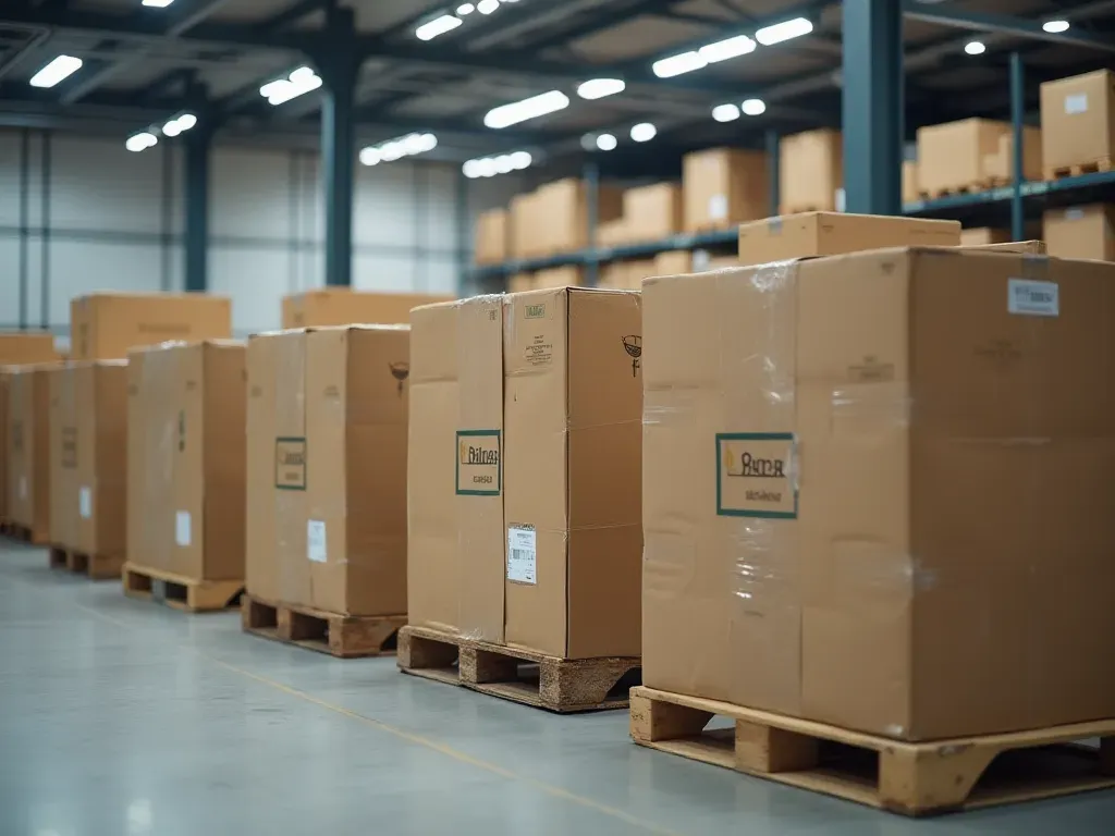 modern depo organizasyonu A neatly organized modern warehouse interior with labeled cardboard boxes stacked on metal pallets, featuring soft overhead lighting, clean concrete floors, and a systematic storage layout ready for international dispatch