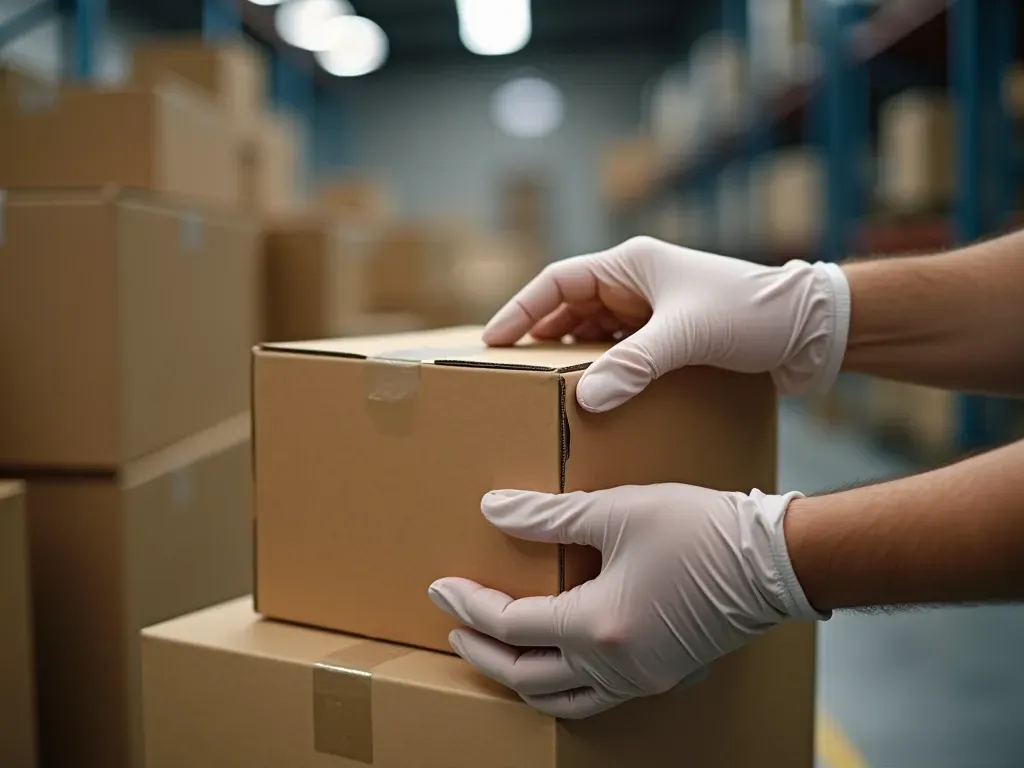 eşya paketleme teknikleri A neatly stacked pile of cardboard boxes in a modern warehouse with soft lighting. A person wearing gloves is carefully sealing a box.
