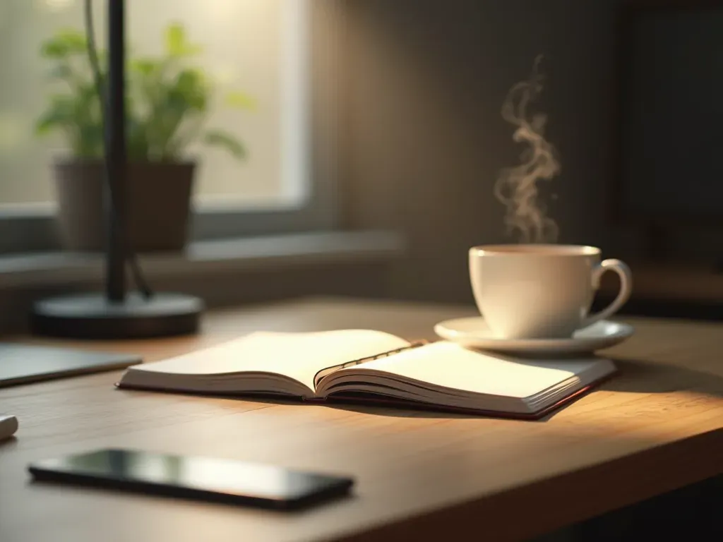 taşınma planlama atmosferi A peaceful modern office desk with a cup of coffee and a notebook open to blank pages under soft lamp light suggesting planning.