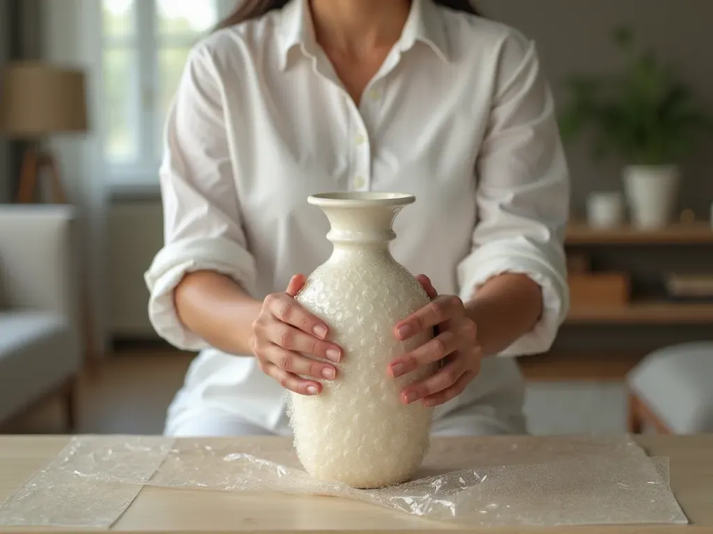 kırılgan eşya paketleme teknikleri A person carefully wrapping a fragile vase in bubble wrap inside a well-lit modern living room with neutral furniture.