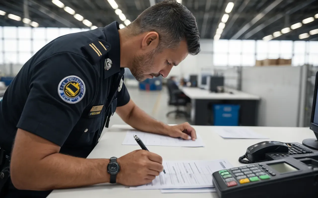 A professional customs officer reviewing a stack of shipping documents at a clean desk inside a modern logistics terminal. Neutral lighting, organized workspace, no visible text on papers, no flags or national symbols. Realistic, high detail, business atmosphere.