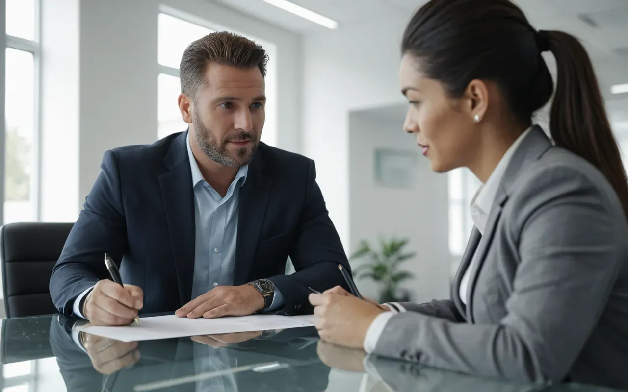 sigorta danışmanlığı A professional insurance agent in a modern office discussing contract details with a client across a clean glass table under neutral lighting.