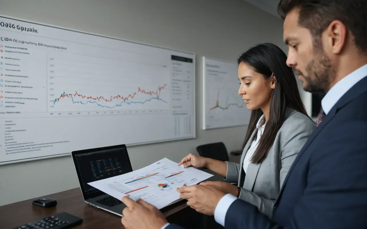 lojistik danışmanlık A professional logistics consultant helping a client understand shipping documents in a modern office setting with charts on the wall.