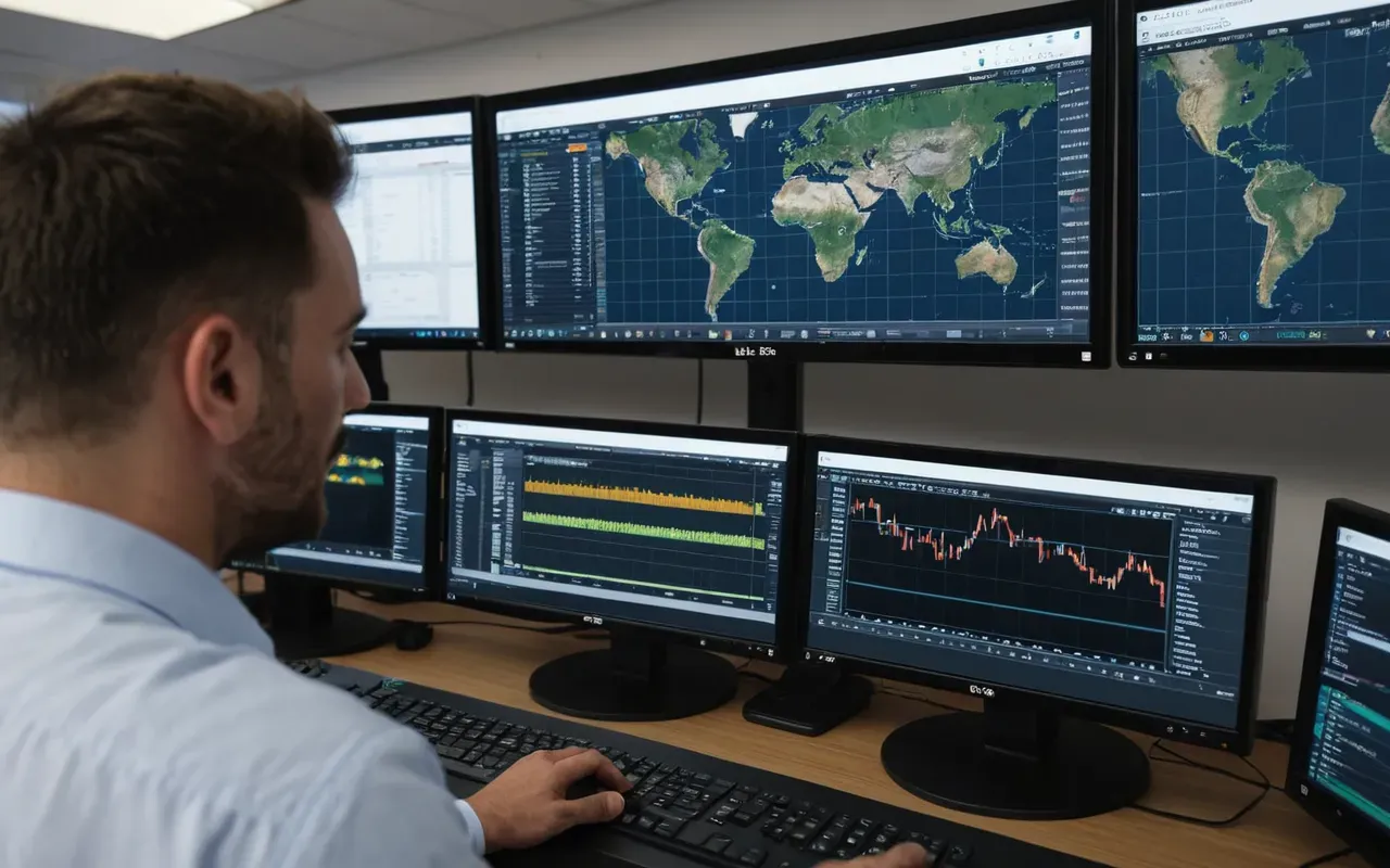 lojistik koordinasyon A professional logistics coordinator in a modern office reviewing digital shipping manifests on multiple high-definition monitors with soft daylight and minimal desk clutter.