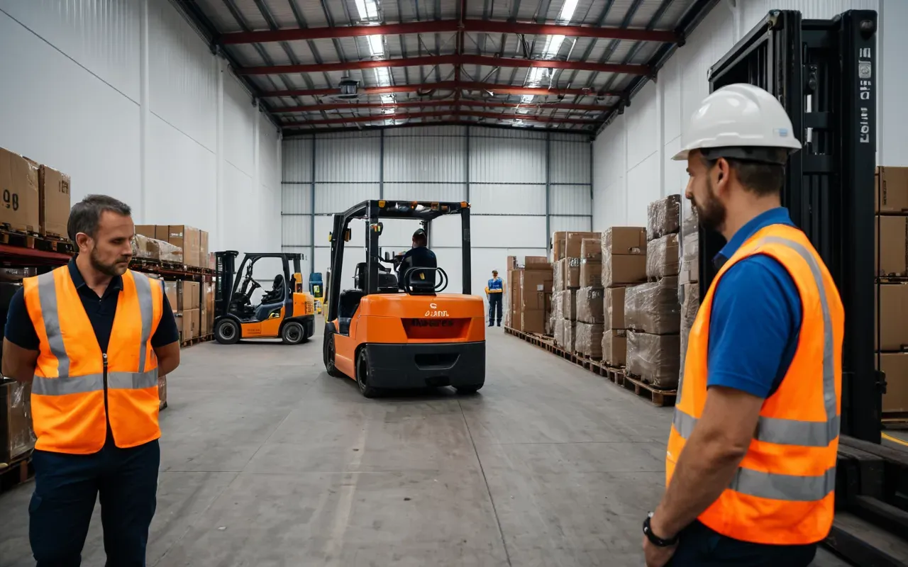 lojistik operasyon güvenliği A professional logistics team in safety vests checking cargo manifests at a modern warehouse entrance with forklifts visible in background