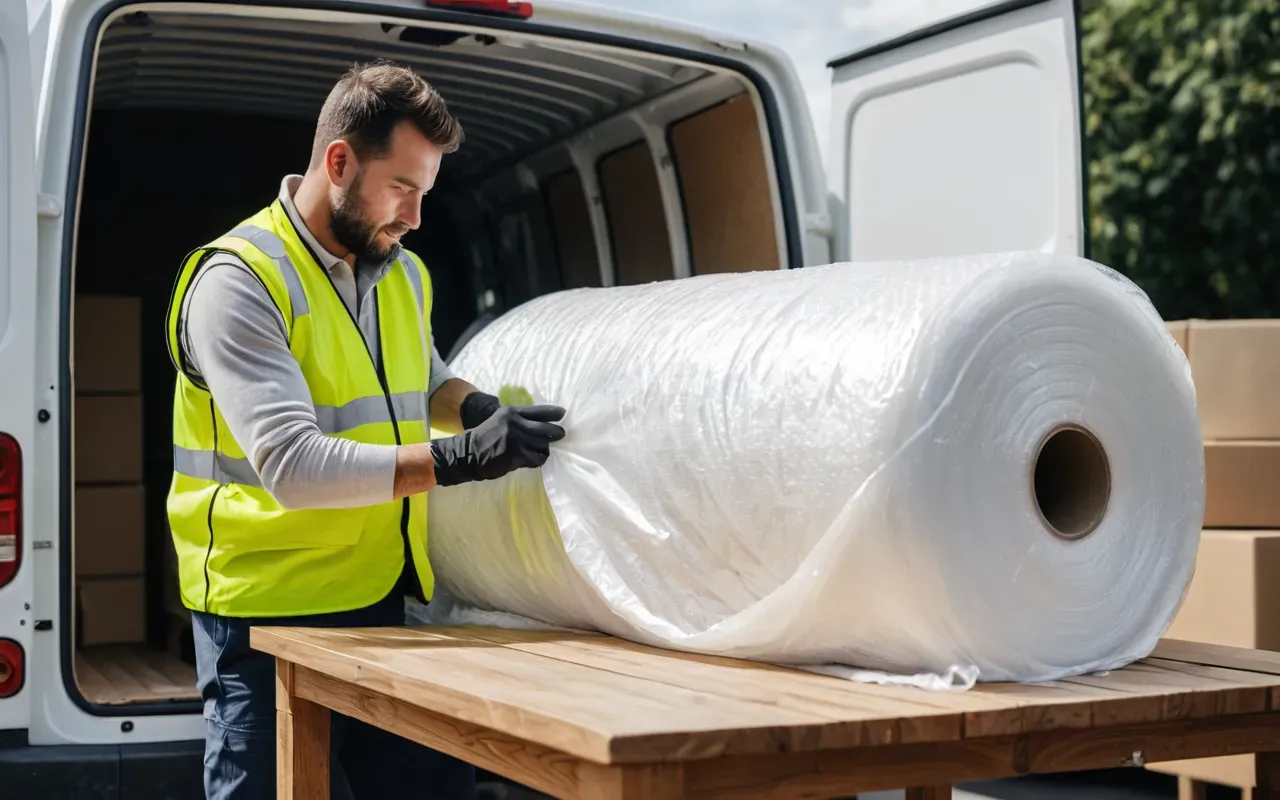eşya paketleme teknikleri A professional mover wearing a safety vest and gloves carefully wrapping a wooden dining table in thick white bubble wrap inside a brightly lit moving van. The background shows other neatly packed boxes with sturdy cardboard, emphasizing careful preparation for long-distance transport.