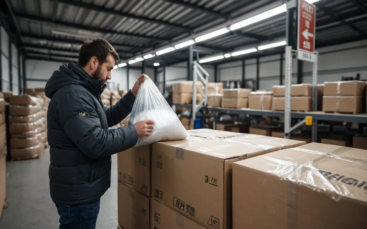profesyonel paketleme alanı A professional packaging area with boxes wrapped in bubble wrap and a person inspecting the quality of the packing materials.