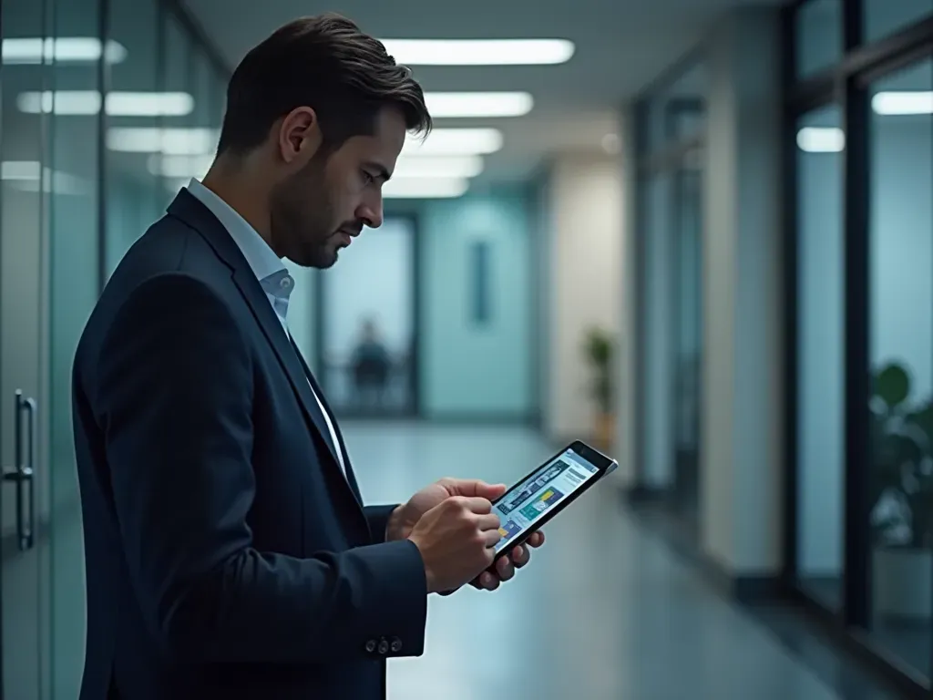 dijital lojistik yönetimi A professional person reviewing digital logistics data on a tablet in a modern office setting with soft lighting and clean architecture.